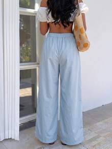 Sunnyshic Women's Solid Color Casual Versatile Daily Wear Pants Beach Light Blue Summer - Blue - View 2