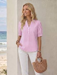 EMERY ROSE Blusa de manga corta con patrón de rayas y bloques de color, adecuada para el trabajo y el uso diario, verano - Multicolor - Ver 5