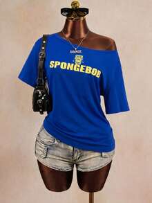 SpongeBob SquarePants | SHEIN Women's Summer Casual Letter And Cartoon Print Round Neck Short Sleeve T-Shirt - Blue - View 3