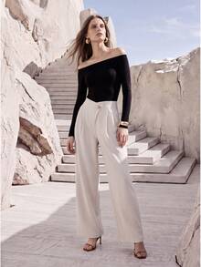 MOTF Petite WOMEN'S SPRING/SUMMER OBLIQUE COLLAR DECORATED BUTTON ACCENT FASHIONABLE VERSATILE WIDE LEG PANTS ,PETITE WOMEN - Beige - View 1