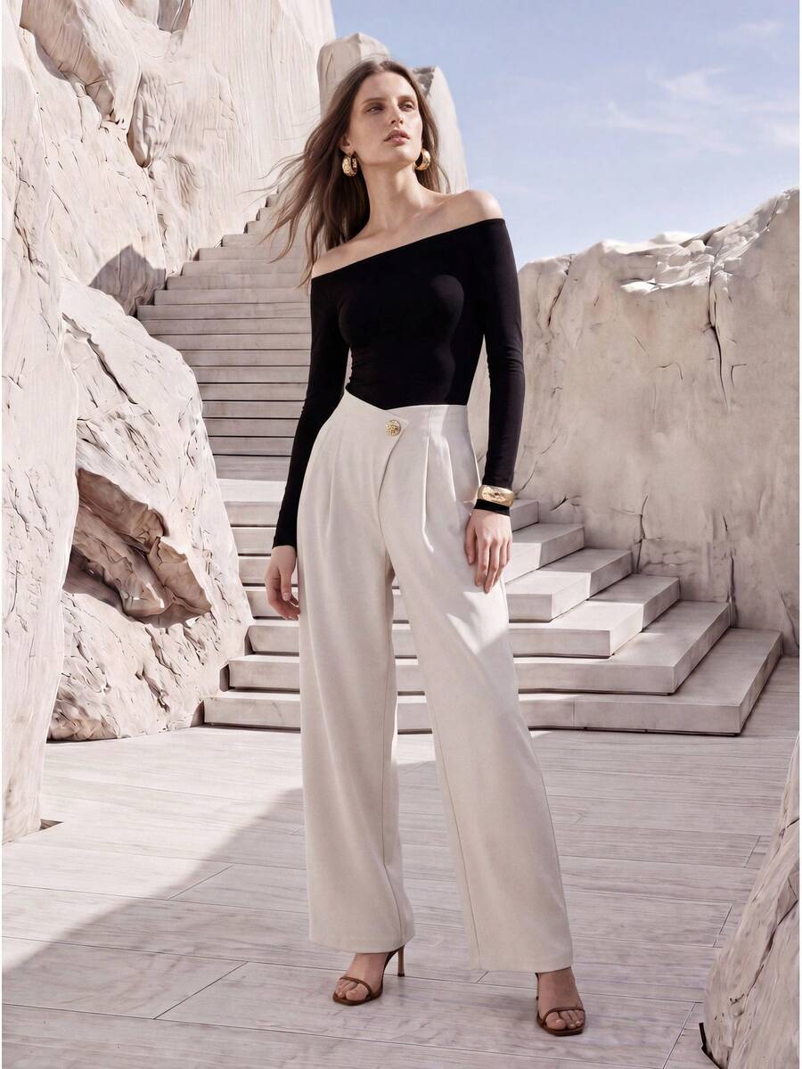 MOTF Petite WOMEN'S SPRING/SUMMER OBLIQUE COLLAR DECORATED BUTTON ACCENT FASHIONABLE VERSATILE WIDE LEG PANTS ,PETITE WOMEN - Beige - View 1