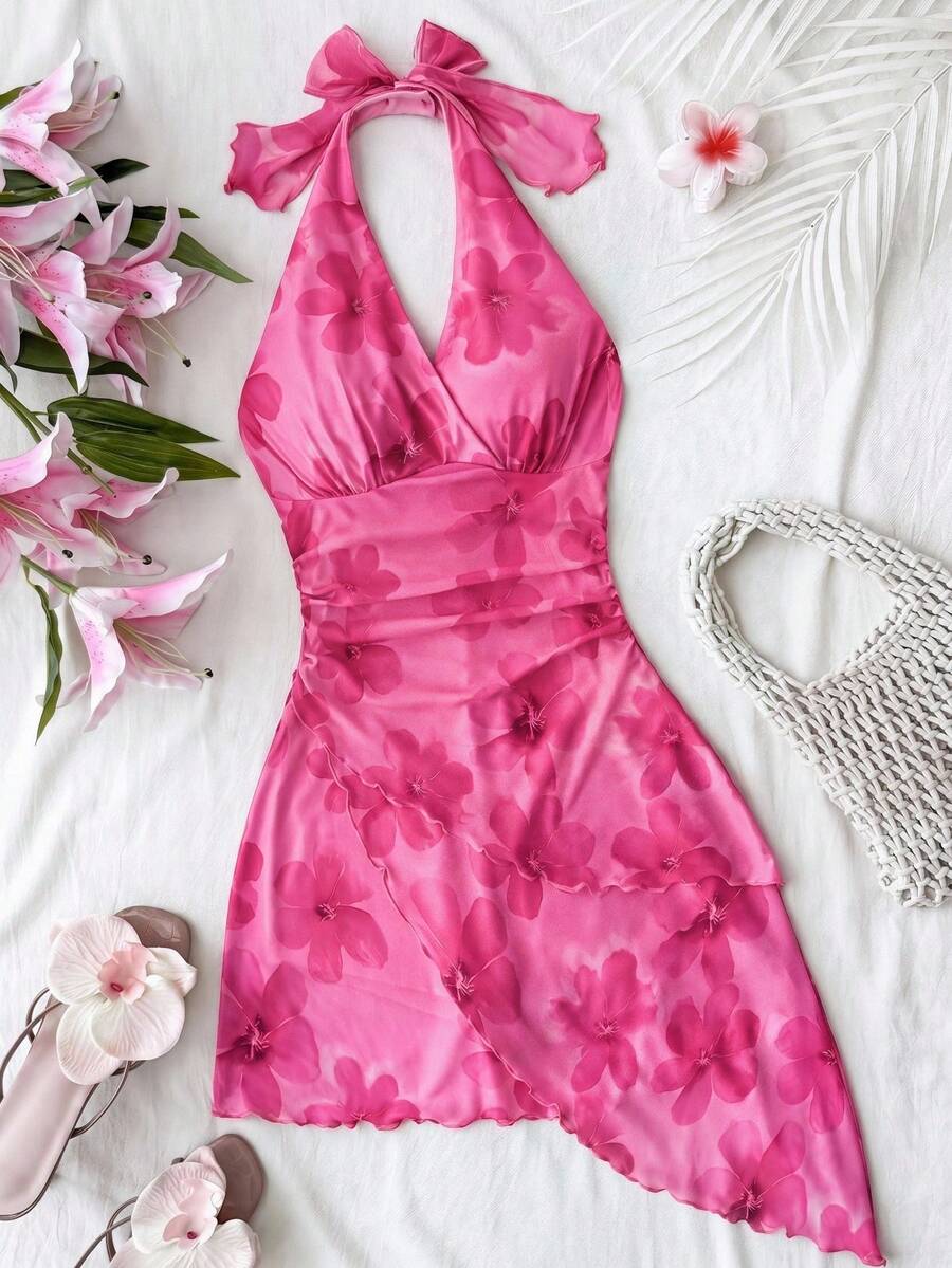 SHEIN Tween Girls Dresses Summer Casual Vacation Floral Print Mesh Halter Neck Dress - Hot Pink - View 1