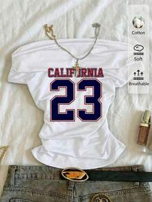 Attitoon 女款白色露肩T恤，復古'23'圖案；34%棉；抓皺修身剪裁；春/夏Y2K；度假/約會/演唱會；派對/遊戲/健身房 - 白色 - 查看 6