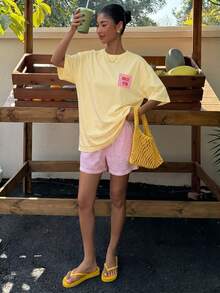 Muchica Áo thun nữ oversize phong cách casual tối giản, màu vàng kem, cổ tròn, tay ngắn, dáng siêu rộng, phù hợp cho mùa xuân và mùa hè - Vàng nhạt - Xem 7