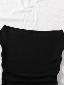 SHEIN 黑色夏季休閒女童青少年不對稱肩T恤，修身顯身材無袖上衣，柔軟彈性針織面料，優雅 - 黑色 - 查看 3