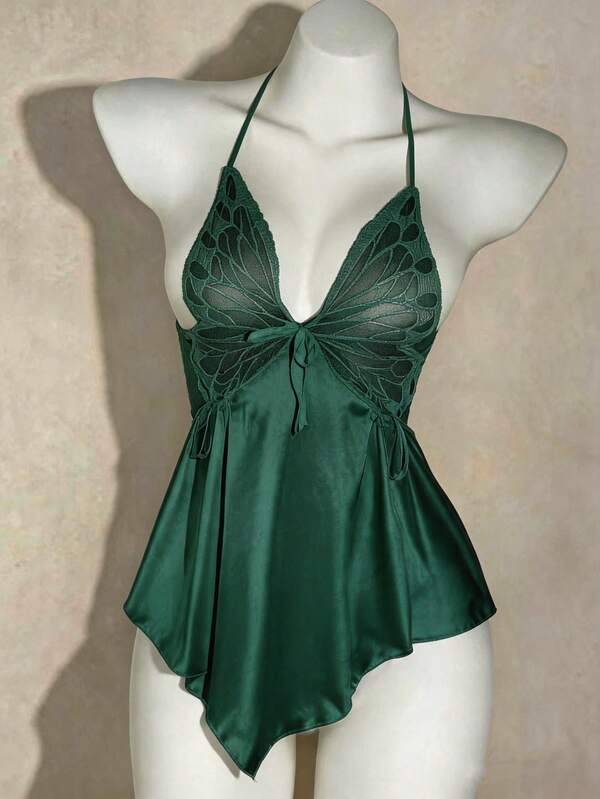SilkySpell Butterfly & Lace Details Cross Front Sexy Pajama Night Dress Luxeloungewear
