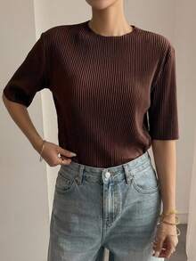 DAZY Ladies' Solid Color Pleated Short Sleeve T-Shirt Sheer School - Coffee Brown - View 9