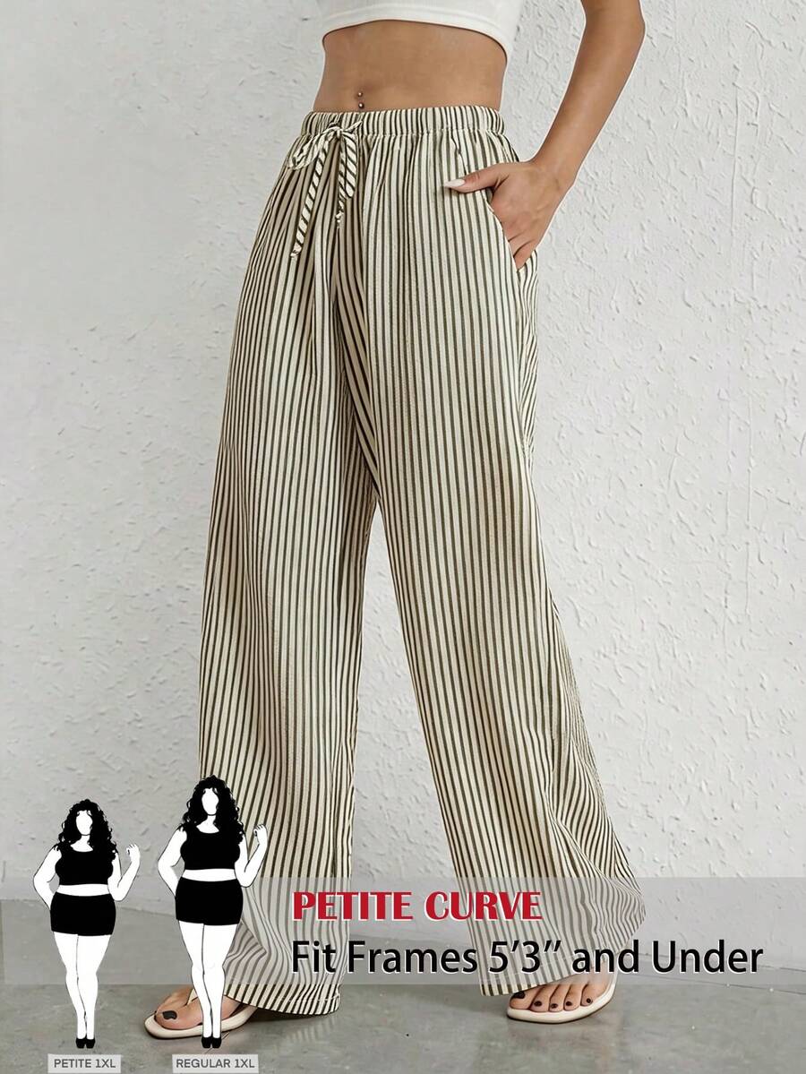 SHEIN PETITE CURVE 大码弹力腰休闲条纹裤 - Limelight Green - 查看 1