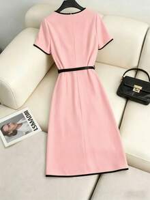 GlowEve Women's Elegant Commuter Contrast Trim Square Neck Short Sleeve Midi Dress For Spring And Summer - Baby Pink - View 2