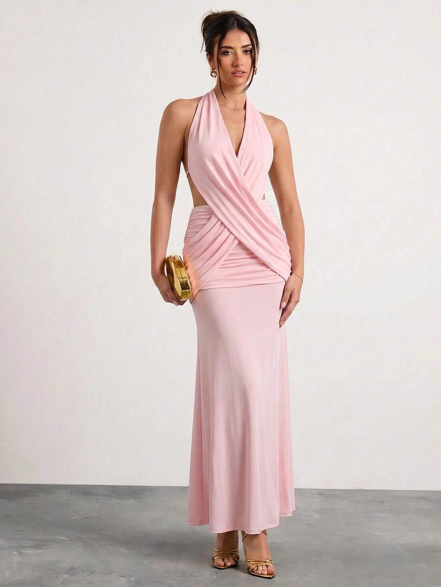 Glamine 2026 Women's Elegant Mama Mia Sexy Criss-Cross Halter Neck Cut-Out Backless Hip Mesh Spliced Mermaid Ultra Long Dress Wedding Baby Pink Summer Party - Baby Pink - View 1