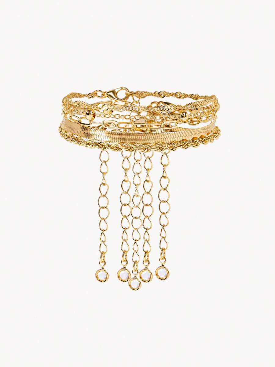 Opalesca 5pcs/Set Elegant Stackable Gold Tone Bracelets, Suitable For Women's Daily Wear (Random Bead Quantity, Fixed Length) - Gold 5-pack - View 1