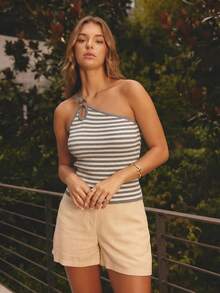 Aralina Women's Summer Casual Vacation Daily Commute Color Block Striped Pattern One Shoulder Fitted Knit Top - Multicolor - View 6