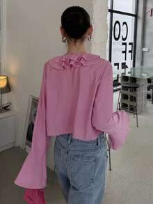 DAZY Women's Spring/Autumn Casual Vacation Style Solid Color Multi-Layer Ruffle Tie-Knot Flared Sleeve Cropped Top - Pink - View 2