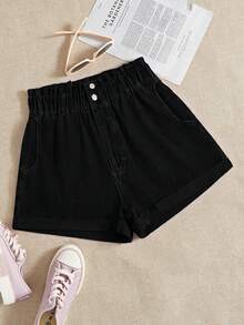 Breezaya Plus Size Solid Color Minimalist Baggy Casual Formal Denim Shorts Black Summer Vacation - Black - View 1