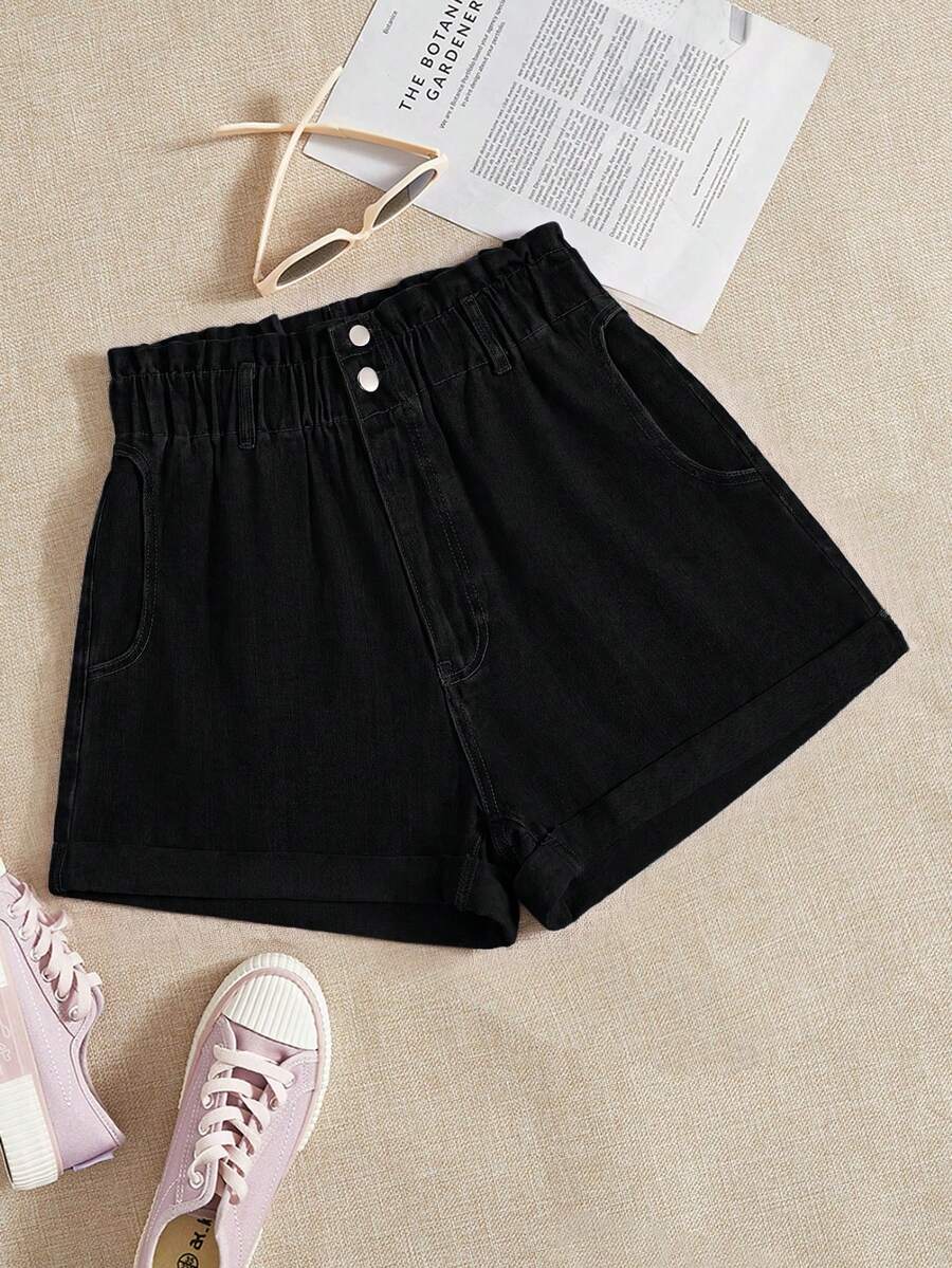 Breezaya Plus Size Solid Color Minimalist Baggy Casual Formal Denim Shorts Black Summer Vacation - Black - View 1