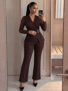 SHEIN Lady CURVE 大尺碼優雅紋理裹身長袖上衣與喇叭褲2件組 - 棕色 - 查看 6