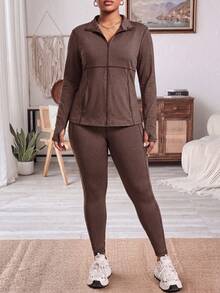 Breezaya Women's Plus Size Stand Collar Zip-Up Long Sleeve Top And Leggings Casual Everyday Outdoor Sports Suit - Coffee Brown - View 1