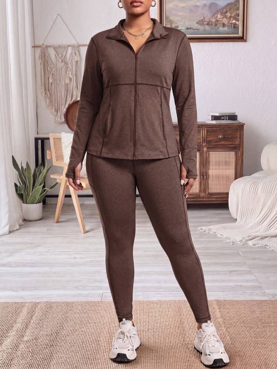 Breezaya Women's Plus Size Stand Collar Zip-Up Long Sleeve Top And Leggings Casual Everyday Outdoor Sports Suit - Coffee Brown - View 1