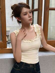 DAZY Áo tank top bèo nhún màu trơn phong cách thường ngày mùa hè - Màu be - Xem 4