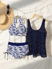 Swim Lushoire 女款海灘度假套裝，適用假期與新年，深V椰子樹印花比基尼套裝，附針織鏤空罩衫與細肩帶背心，3件組，海軍藍配白色 - 彩色 - 查看 5