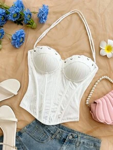 Soleia Top de tirantes finos tipo camisola para mujer de verano, color liso, con textura y plisado de espina de pescado - Blanco - Ver 6