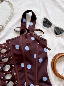 Soleia Women's Blue And Brown Polka Dot Summer 1960s Vintage Camisole Bra Top, Lace Corset Bustier For Tea Party,Off-The-Shoulder Fitted Outfits Tops - Multicolor - View 4