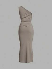 SHEIN EZwear 卡其色针织不对称领口褶皱鱼尾长裙，女士春夏款 - 卡其色 - 查看 2