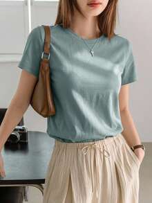 DAZY Women's Solid Color Round Neck Short Sleeve T-Shirt - Baby Blue - View 10