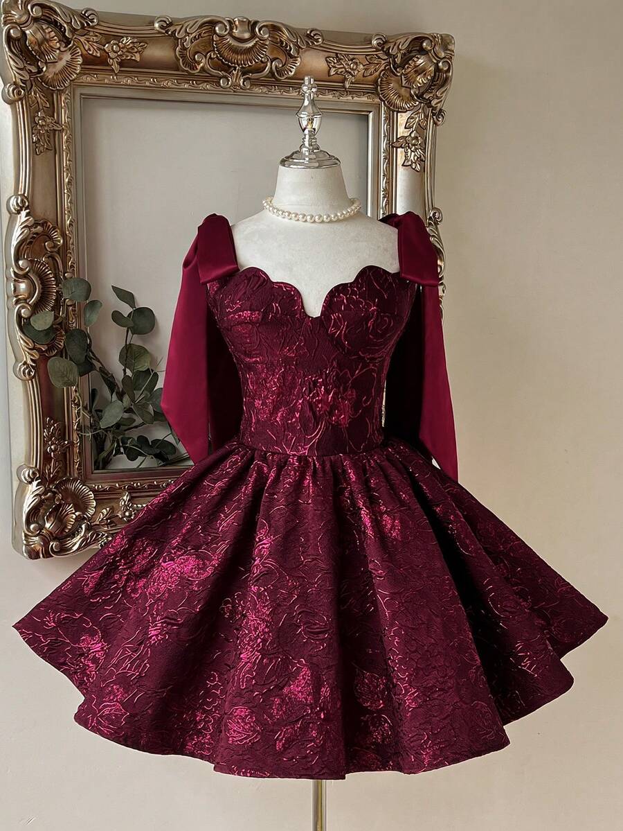 Lovelzi Élégant, Romantique, À la Mode, Bordeaux, Tissu Jacquard, Lacage au Dos, Jupe Évasée, Cérémonie de Remise des Diplômes, Rentrée Scolaire, Festival de Musique, Fête d'Anniversaire, Événement de Mariage, Réunion de Thé de l'Après-midi, Robe de Bal