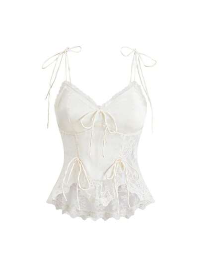 ROMWE Avant Frühlings-/Sommer-V-Ausschnitt Spitze Patchwork halb-transparent Träger Rüschen Saum Damen Camisole, geeignet für Urlaub, Party, Nachtclub, Musikfestival, Valentinstag und andere tägliche Anlässe