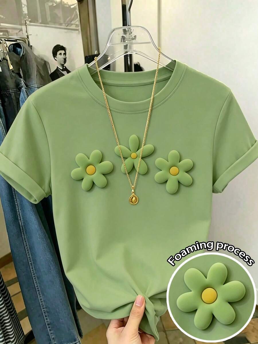 Resyla 大尺碼女款短袖花卉印花休閒夏季圓領T恤 - 橄欖綠 - 查看 1