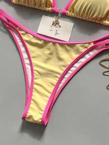 Swim Mod Women's Spring/Summer Solid Color Double Strap Metal Decor Bikini Set Beach Vacation Hot Pink Tropical - Multicolor - View 5