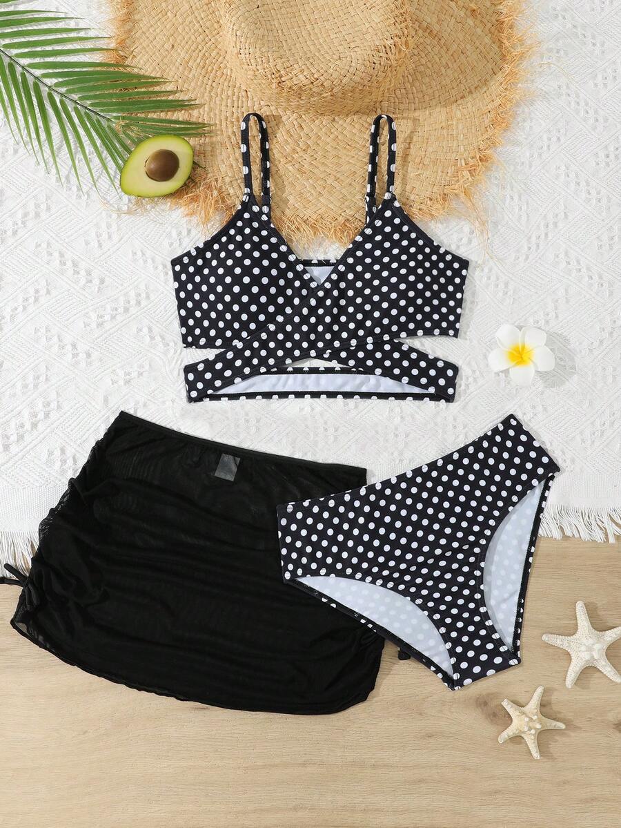 SHEIN Teen Girl Polka Dot Print Bikini Set With Cover-Up Skirt Beach Summer - Multicolor - View 1