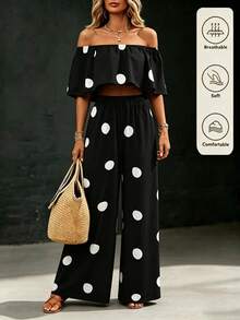 SHEIN Holidaya Women's Spring/Summer New Vacation Casual Off-Shoulder Ruffle Long Pants Two Pieces Set - Black and White - View 5