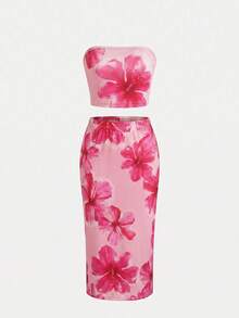 Young Girl Casual Vacation Floral Print Camisole Top And Floral Print Skirt Set - Pink - View 6