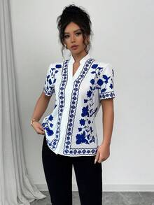 SHEIN Holidaya 女款夏季海灘度假風花卉印花V領短袖襯衫 - 藍色 - 查看 7