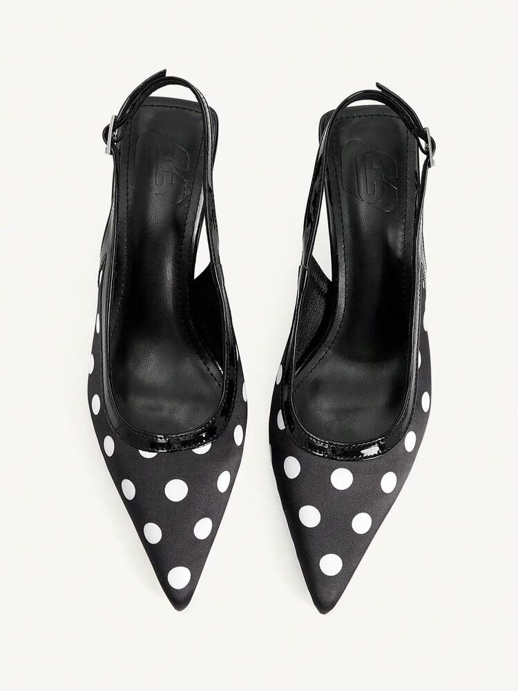CUCCOO CHICEST Black Background Polka Dot Pointed Back Empty High Heel Shoes. It Comes With A Rich French Retro Hong Kong Style Temperament, Both Elegant Femininity And A Sense Of Light And Familiar Atmosphere. It Is The Finishing Touch Of Retro Style Wear. The Upper Is Made Of Satin Texture Fabric With Classic Black And White Polka Dot Pattern, Which Has Its Own High-Grade Luster, Retro And Durable; With Patent Leather Hemming Design, The Lines Are Neat And More Delicate; The Pointed Shoe Type Can Effectively