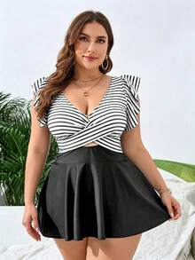Swim Lushoire Plus Size Summer Vacation Patchwork Striped Ruffle Swim Dress - Black and White - View 4