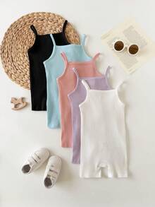 5pcs/Set Baby Girl Casual Solid Color Knit Camisole Romper - Baby Blue - View 3