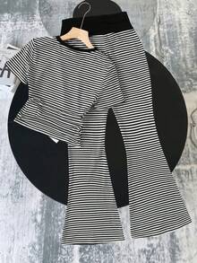 SHEIN Teen Girls' Spring/Summer New Light Gray Ruched Design Short Sleeve Crew Neck T-Shirt + Waist Ruched Flare Long Pants 2-Piece Set, Suitable For Daily Outings, School Wear, Basic Long Pants Set - Grey - View 7