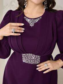 Veilorie Plus Size Elegant Party Rhinestone Decorated Dress Fall - Purple - View 4