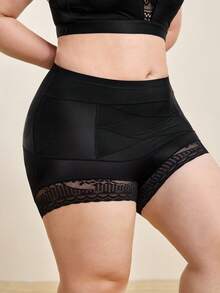 Hourtrue 1pc Seamless High Waist Shaping Panties, Plus Size Women Summer Lace Tummy Control Butt Lifting Shapewear - Black - View 7