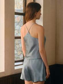 Bisouelle Satin Cami Top With Shorts PJ Set / Pajama Set - Dusty Blue - View 2