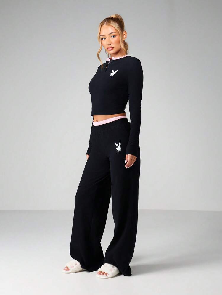 Missguided x Playboy Loungewear Set Long Sleeve Top And Wide Leg Palazzo Pants With Contrast Pink Trim Ribbed Knit