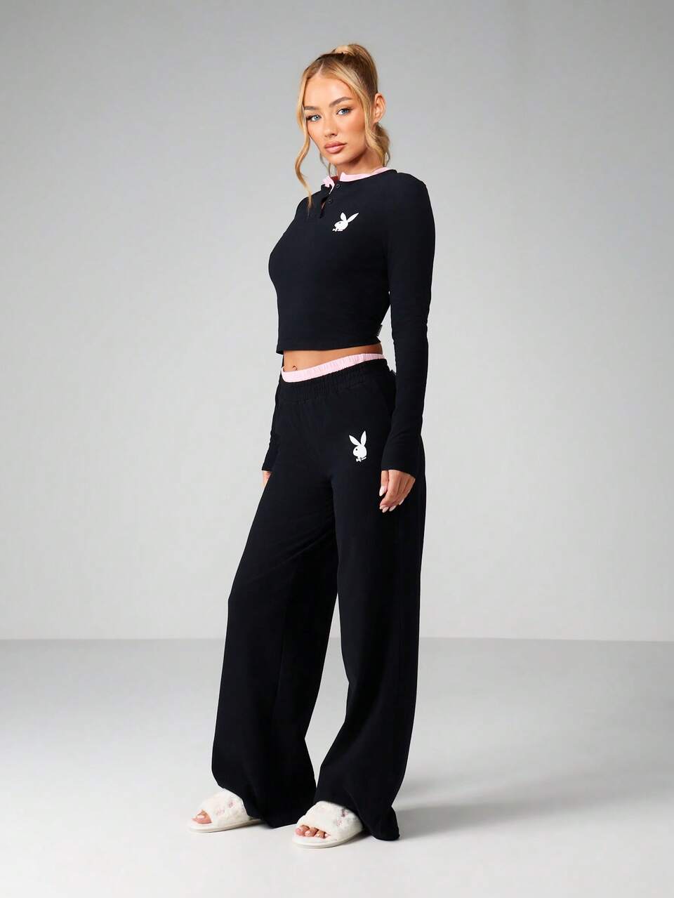 Missguided x Playboy Loungewear Set Long Sleeve Top And Wide Leg Palazzo Pants With Contrast Pink Trim Ribbed Knit