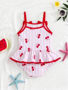SHEIN Traje de baño de una pieza para niña joven de verano, dulce y lindo, con estampado de rayas y cerezas, decoración de lazo y volantes - Multicolor - Ver 2
