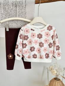 SHEIN Baby Girl Knitted Floral Pattern Crew Neck Casual Sweatshirt And Long Pants 2-Piece Set - Multicolor - View 7