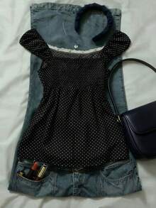 IslaSuriya Navy Blue Polka Dot Square Neck Puff Sleeve Tie Waist Blouse - Black and White - View 2