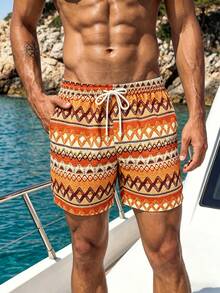 Manfinity Swimmode 男士抽繩腰撞色休閒度假沙灘短褲 - 棕色 - 查看 7