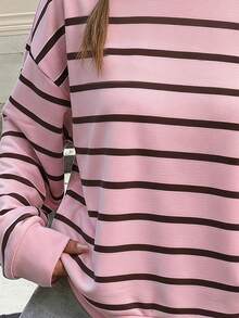 美拉德棕色與粉色拼接條紋、學院風印花、青少年女孩休閒極簡寬鬆圓領舒適長袖衛衣，適合秋冬/日常通勤/聚會/秋冬/夏季/聖誕節/新年/感恩節/派對/婚禮/海灘/畢業典禮/時尚 - 彩色 - 查看 3